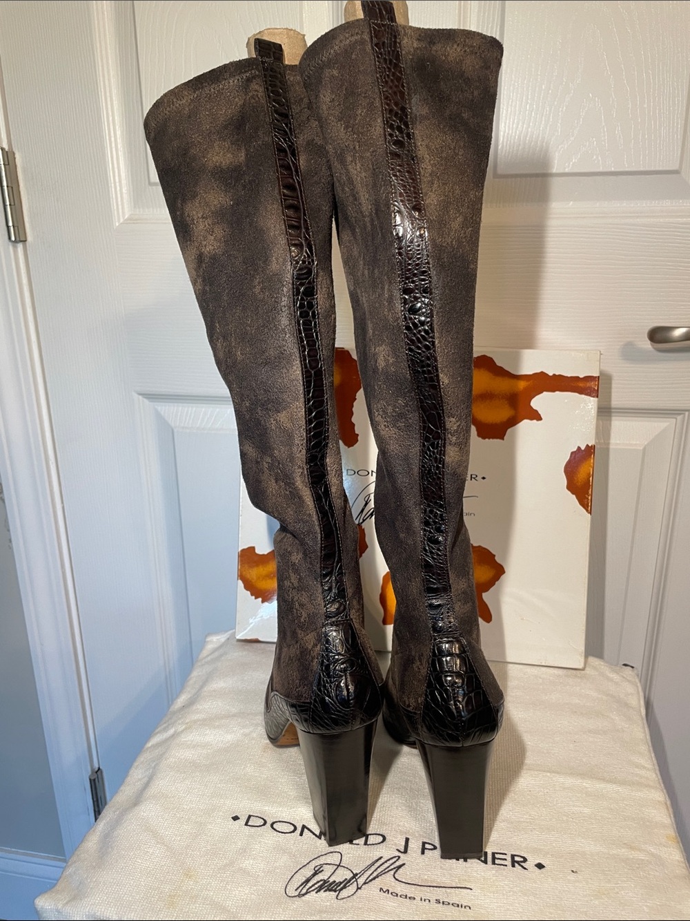 Donald J. Pliner Dark Brown Suede Over-the-Knee Boots with Croc Trim